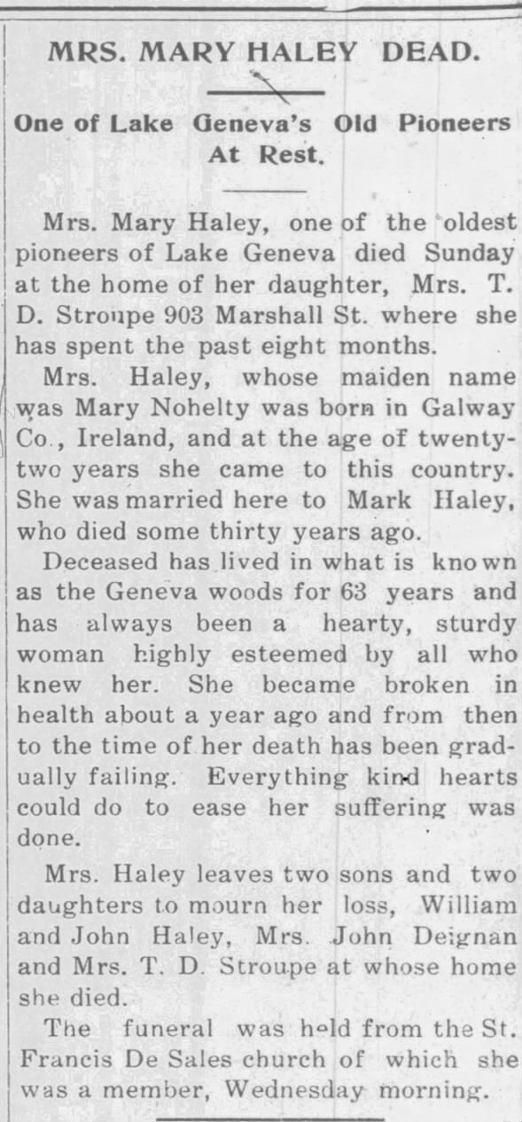 Obituary for MARY HALEY